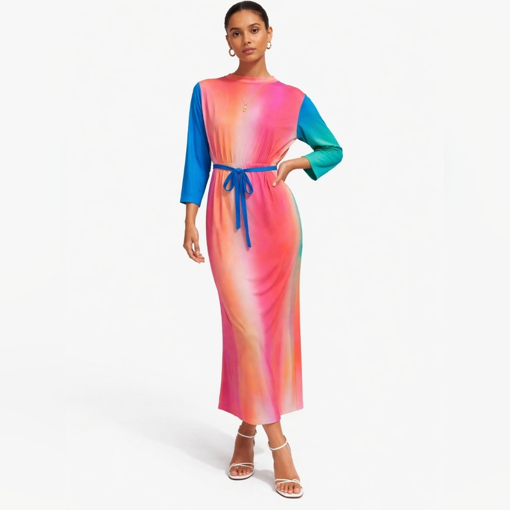 New Mock Neck Colorful Ombre Dress